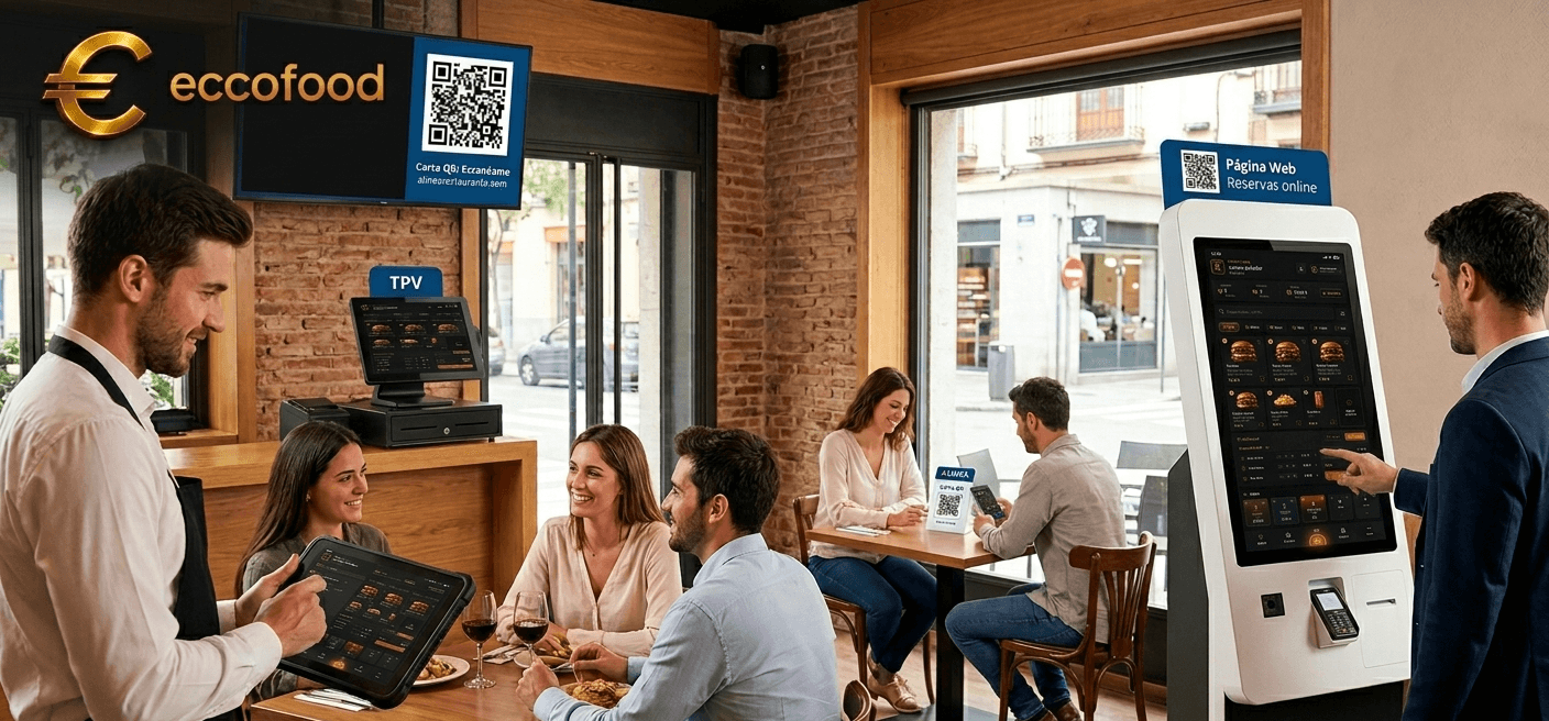 Restaurante moderno usando Eccofood con TPV, carta QR, web y kiosko